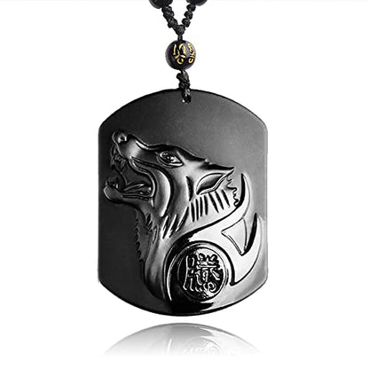 Black Obsidian Necklace Natural Crystal Amulet Protection Pendant with Adjustable Rope Lucky Talisman Necklaces Jewelry Gift for Men Women - color: Wolf