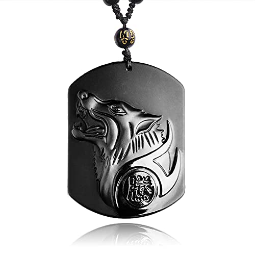 Black Obsidian Necklace Natural Crystal Amulet Protection Pendant with Adjustable Rope Lucky Talisman Necklaces Jewelry Gift for Men Women - color: Wolf