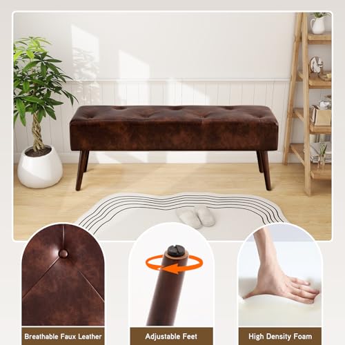 Furnimart Faux Leather Bench Ottoman, Tufted Button Bedroom Benches Footrest Stool in Solid Wood Legs, Long and Dining Bench, Indoor Bench for Entryway Living Room Bedroom (Leather-Darkbrown) - color: Leather-darkbrown