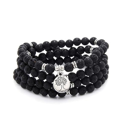 Handmade 108 Stone Mala Beads with Tree of Life Charm - Wear as Necklace or Bracelet - style: Lava