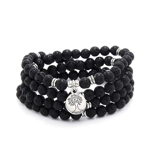 Handmade 108 Stone Mala Beads with Tree of Life Charm - Wear as Necklace or Bracelet - style: Lava