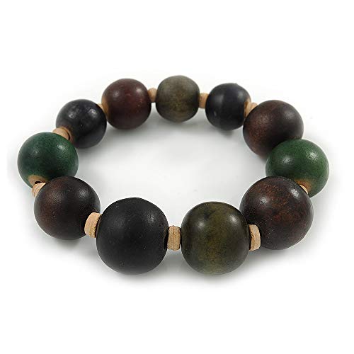 Avalaya Green/Brown/Black Graduated Wood Bead Flex Bracelet - 18cm L