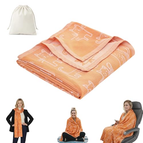 Travel Blanket Airplane - Ultra Soft & Lightweight Knit Design Compact Airplane Blanket,53x72 Inch,Stylish Travel Shawl Wraps for Flights,Office,Home Use,Travel Essentials & Gifts - color: Orange Cat Print