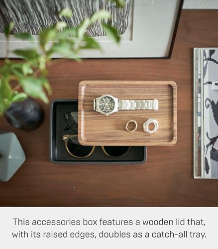 YAMAZAKI Home Rin Accessory Box With Wooden Lid For Jewelry, Watches, Or Sunglasses - Polystone - color: Walnut