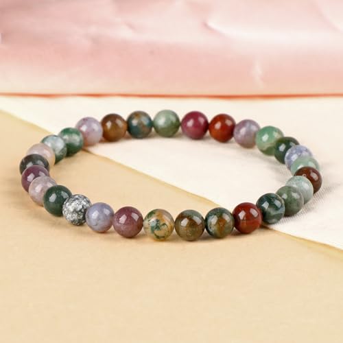 LPBeads Handmade Natural Gemstone Stretch Elastic Bracelet Healing Crystal Round Stone Beads Jewelry Gifts for Women Men - color: Indian Agate, size: 6mm