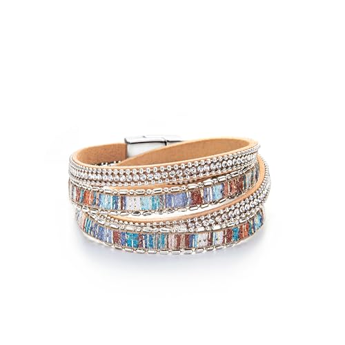 Fesciory Leather Wrap Bracelets for Women, Boho Leopard Multi-Layer Crystal Beads Cuff Bracelet Jewelry - color: Colored Rhinestone