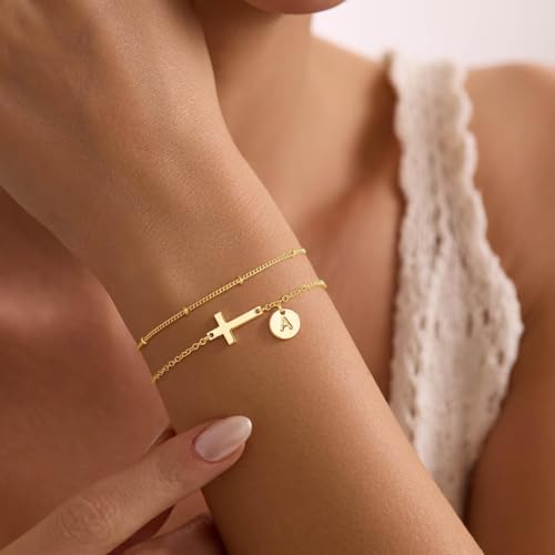 M MOOHAM Layered Initial Cross Bracelets for Women Teen Girls - 14K-Gold-Plated Disc Letter A-Z Cross Bracelet Jewelry Christian Gifts for Women Baptism Confirmation Gift for Teen Girls
