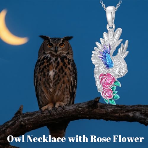 Hummingbird/Phoenix/Owl/Dove/Flamingo/Raven/Blue Jay/Cardinal/Peacock/Eagle/Parrot/Robin Necklace for Women 925 Sterling Silver Bird Pendant Necklace Animal Jewelry Gift for Mother Wife - style: Owl Necklace with Flower