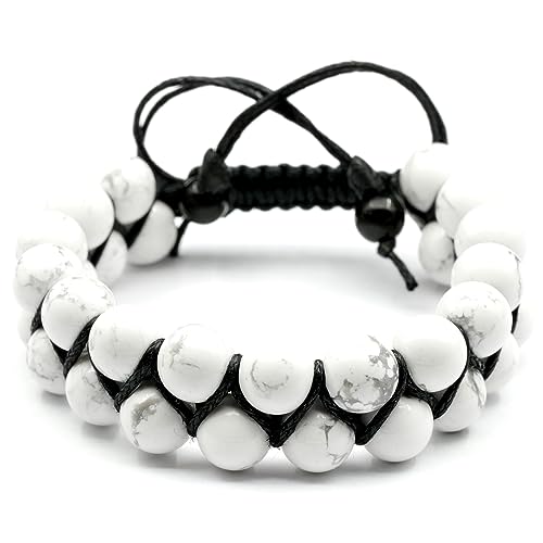 Natural Gemstone Double Row Macrame Bracelet for Men and Women | Handmade Adjustable Beaded Bracelet | 8mm Natural Stone Beads | Unisex Gift Jewelry - color: Howlite, size: WOMEN
