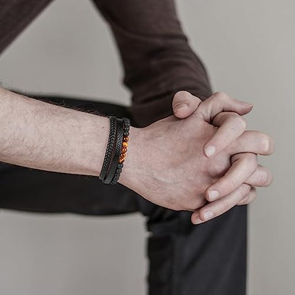 Leather Bead Bracelets for Men, Natural Tiger Eye Lava Rock Stone Bead Magnetic Clasp Adjustable Leather Bracelets Stress Relief Mens Anxiety Bracelet Mens Jewelry Gifts - style: Black Leather-Lava Rock&Blue Tiger Eye