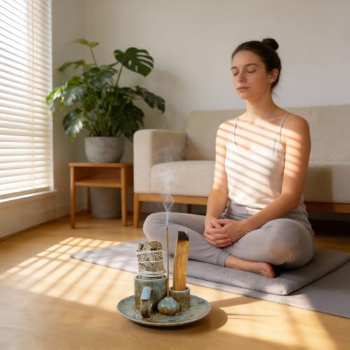 4-in-1Blue Ceramic Palo Santo Burner Holder - Small Incense Burner & Smudge Tray Bowl for Incense Sticks/Cones & Sage - Ideal for Meditation Rooms,Zen and Aromatic Scents - Matches Compatible - color: Palo-incense-dish-blue