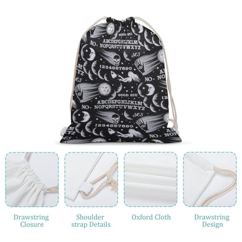 Skull Moon Sun Gothic Witch Board Seamless Black Portable Canvas Drawstring Backpack with Drawstring Pockets 35x50cm - color: Skull Moon Sun Gothic Witch Board Seamless Bl, size: 35x50cm