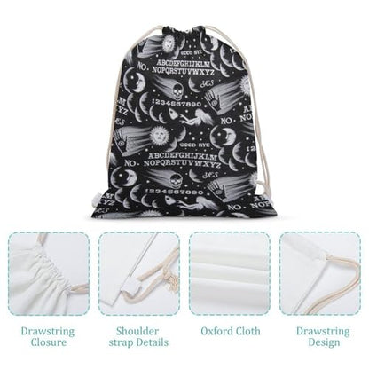 Skull Moon Sun Gothic Witch Board Seamless Black Portable Canvas Drawstring Backpack with Drawstring Pockets 35x50cm - color: Skull Moon Sun Gothic Witch Board Seamless Bl, size: 35x50cm