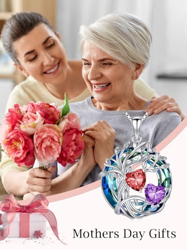 TOUPOP s925 Sterling Silver Family Celtic Tree of Life Pendant Necklaces with 2 Heart Birthstone with Blue Austrian Crystal Jewelry Birthday Valentines Day Gifts for Her, Anniversary Christmas Gifts for Wife Girlfriend Mom (18K Real White Gold Filled) - c