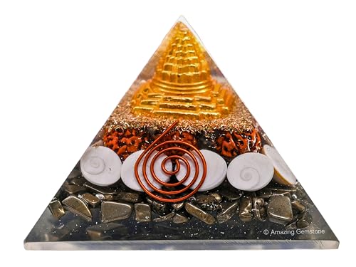 Amazing Gemstone Orgone Pyramid for Money Magnet Pyrite Crystals with Rudraksha, Gomati Chakra, Shree Yantra - Authentic Orgonite & Organite Gifts to Atrract Money Wealth Pooja, Financial Growth - color: Money Magnet Pyrite Pyramid
