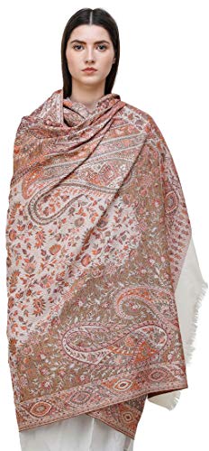 Exotic India Reversible Jamawar Shawl with Woven Paisleys - Wool - color: Snow White