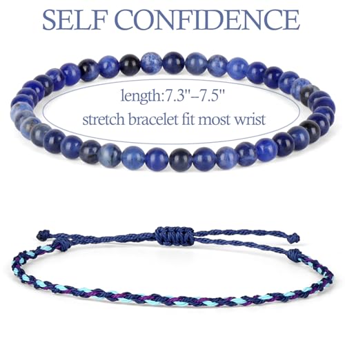 QOGIR 2pcs Handmade Healing Bracelet, Natural Gem Stone Crystal Elastic Bracelet - color: Blue Sodalite(Self Confidence), size: 4mm