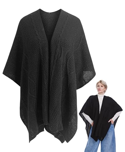MissShorthair Knit Shawl Wraps for Women Boho Crochet Shawls Cape Open Front Cardigan - color: Black 2