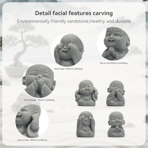 4Pcs Mini Monk Buddha Statues, See Hear Speak Think No Evil Mini Monk Decor, Handcrafted Sandstone Resin Zen Statues for Home Office Desk Car Dashboard, Feng Shui Spiritual Gifts for Peace & Calm