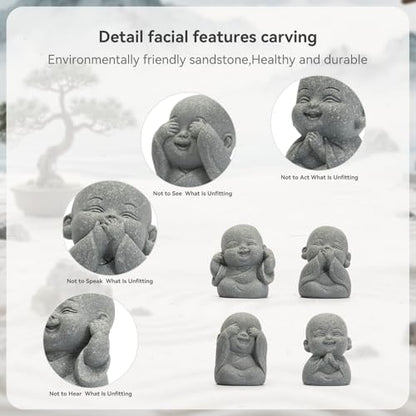 4Pcs Mini Monk Buddha Statues, See Hear Speak Think No Evil Mini Monk Decor, Handcrafted Sandstone Resin Zen Statues for Home Office Desk Car Dashboard, Feng Shui Spiritual Gifts for Peace & Calm