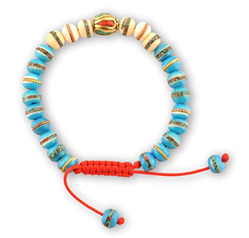 Handmade Embedded Medicine Healing Bracelet Multi-Bead Spacer Bangle Adjustable Wrist Mala for Meditation Choices Color (Blue 1/White)