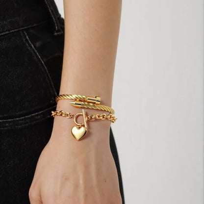 2PCS 18K Gold Plated Nail Bangle & Chain Bracelet Set for Women, Adjustable Stackable Bangle Jewelry, Dainty Gold Bracelet Gift for Women - color: Set H