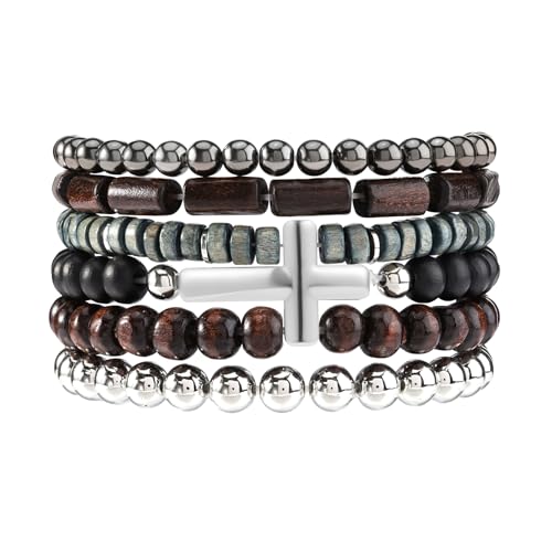 MILAKOO Mens Beaded Bracelets Tribal Wooden Elastic Adjustable Prayer Beads Wrap Cuff for Women - color: M: 6pcs
