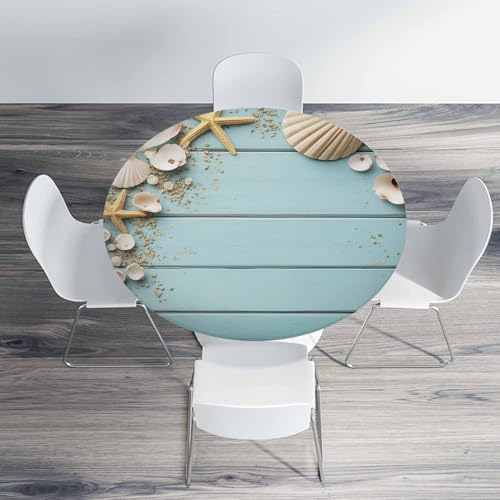 Seashells Round Table Cloth Wooden Nautical Starfish Elastic Edged Table Cover Fade and Stain Resistant Table Cloths Easy to Clean Fits Tables 40-44" Diameter - color: Seashells