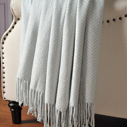 CUDDLE DREAMS Silk Throw Blanket with Hand-Knotted Fringe, Natural, Soft & Breathable (Herringbone Blue) - color: Herringbone Blue