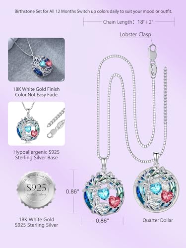 TOUPOP s925 Sterling Silver Family Celtic Tree of Life Pendant Necklaces with 2 Heart Birthstone with Blue Austrian Crystal Jewelry Birthday Valentines Day Gifts for Her, Anniversary Christmas Gifts for Wife Girlfriend Mom (18K Real White Gold Filled) - c