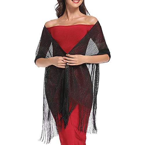 vimate Sparkling Metallic Shawls and Wraps for Evening Party/Wedding/Formal Dresses (With Free Buckle) - color: C#. Black (With Black Buckle)