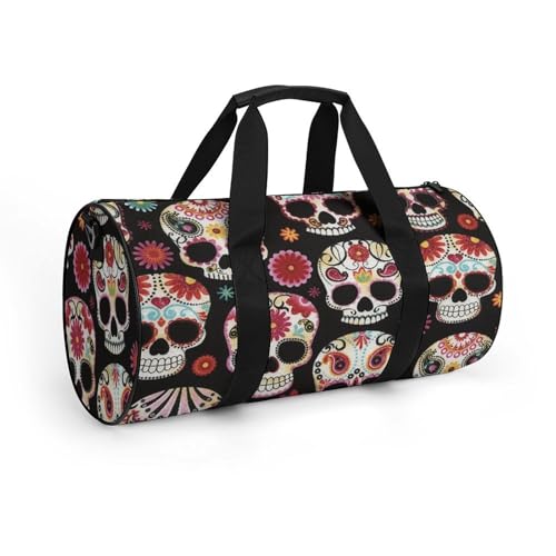 Sugar Skull Art Cylindrical Portable Fitness Bag, Large Capacity Handbag - color: Sugar Skull art