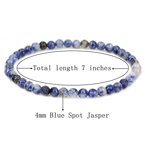Keleny Gem Semi Precious Gemstones 4mm Round Beads Crystal Stretch Bracelet 7 Inch Unisex - color: Blue Spot Jasper