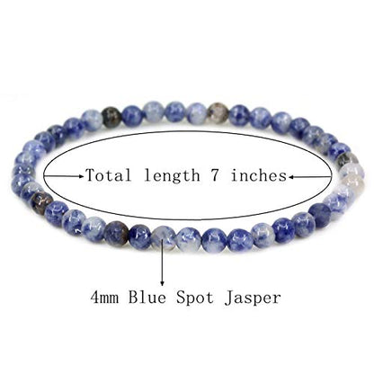 Keleny Gem Semi Precious Gemstones 4mm Round Beads Crystal Stretch Bracelet 7 Inch Unisex - color: Blue Spot Jasper