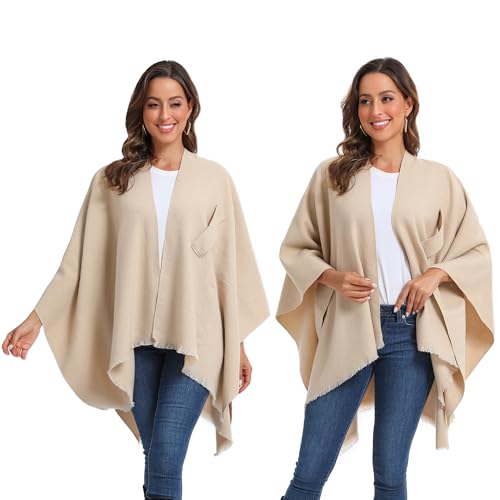 Women Large Shawl Wraps Soft Warm Copy Pashmina Shawl Lightweight Travel Knitted Scarf With Front Cross Tab - color: Beige