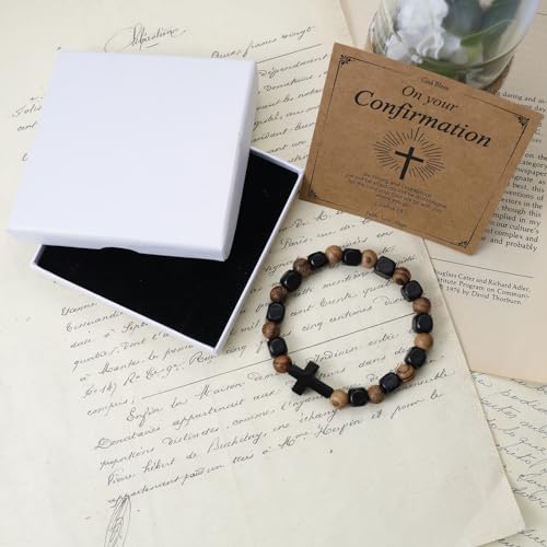 MILAKOO Wooden Bracelet with Black Stainless Steel Cross Charms Bead Christian Gifts for Women Men - color: A4