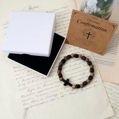 MILAKOO Wooden Bracelet with Black Stainless Steel Cross Charms Bead Christian Gifts for Women Men - color: A4