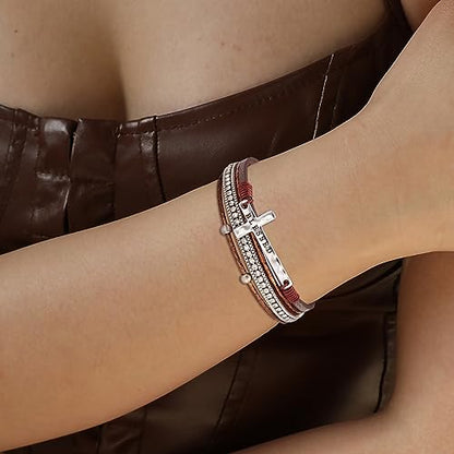 Fesciory Leopard Bracelet for Women, Boho Leather Wrap Multi-Layer Pearl Crystal Bracelet Bangle Jewelry - style: Blessed Cross(Brown)