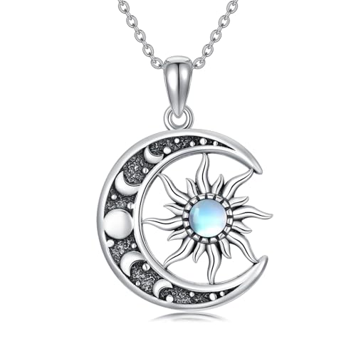 Sun and Moon Necklace 925 Sterling Silver Sun Moon Pendant Gemstone Jewelry Gifts for Women - style: Moonstone