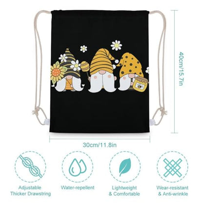 Sunflower Bee Cute Cartoon Gnome Black Portable Canvas Drawstring Backpack with Drawstring Pockets 30x40cm - color: Sunflower Bee Cute Cartoon Gnome Black, size: 30x40cm