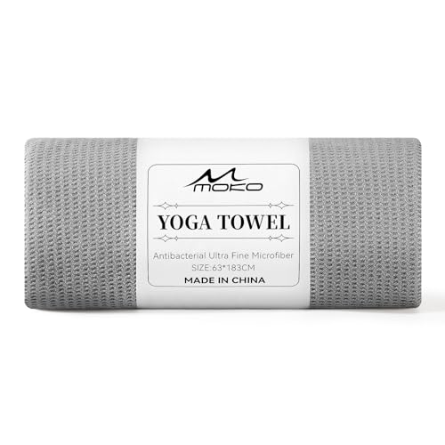MoKo Hot Yoga Towel, Non-Slip Yoga Mat Towel with Grip Dots, 74.4"×27.3" Yoga Mat Cover for Pilates, Fitness, Meditation, Swimming Pool, Beach, Travel Yoga Mat with Corner Pockets, Gray