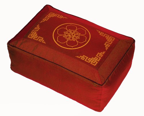 Rectangular Zafu Seat Meditation Cushion Buckwheat and Kapok Fill - Silkscreen Sacred Symbols (Dharma Wheel Saffron) - color: Dharma Wheel Saffron