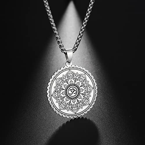 Mandala Om Aum Ohm Men's Necklace Sanskrit Symbol Om Aum Ohm Spiritual Amulet Indian Lotus Mandala Yoga Pendant Religious Jewelry Men - color: Mandala silver