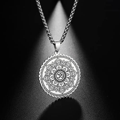 Mandala Om Aum Ohm Men's Necklace Sanskrit Symbol Om Aum Ohm Spiritual Amulet Indian Lotus Mandala Yoga Pendant Religious Jewelry Men - color: Mandala silver