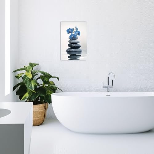 ZQQART Zen Stone Bathroom Wall Art Spa Stones Pictures Meditation Canvas Painting Yoga Living Room Decor Framed(Blue,12L x 18W)