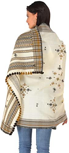 Exotic India Shawl from Kutch with Embroidered Bootis and Mirrors - Wool - color: Winter White