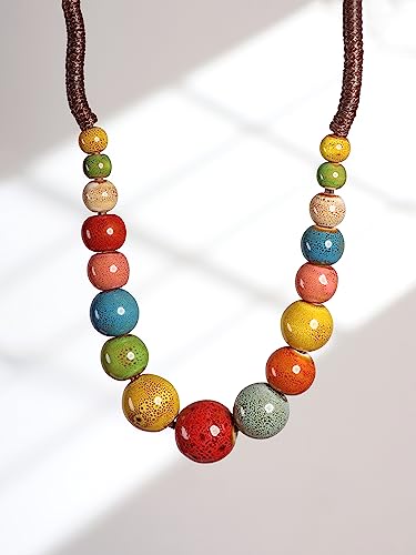MINACHI Hippie Boho Colorful Ceramic Round Beads Strand Necklace, Bohemian Fashion Statement Jewelry Gift for Women - color: S01