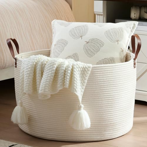 Extra Large Nursery Storage Basket, 22 x 22 x 14 inches - 100% Cotton Rope Baskets with Handles, Laundry Basket for Toys, Blankets & Pillows - Off White with Leather Handles