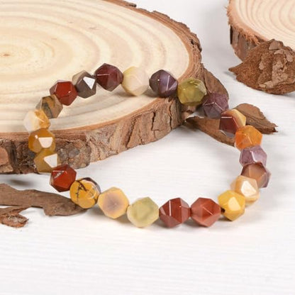 Justinstones 8mm Natural Gemstone Round Beads Triangle Faceted Charm Stretch Bracelet 6.5" - color: Multicolor Mookaite Jasper