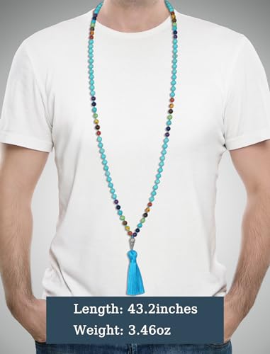 Mala Beads 108 Handmade Necklace,Natural Indian Agate Turquoise Amethyst with Alloy Guru Bead and Tassel,43.2 Inches for Prayer,Meditation,Yoga - color: Turquoise